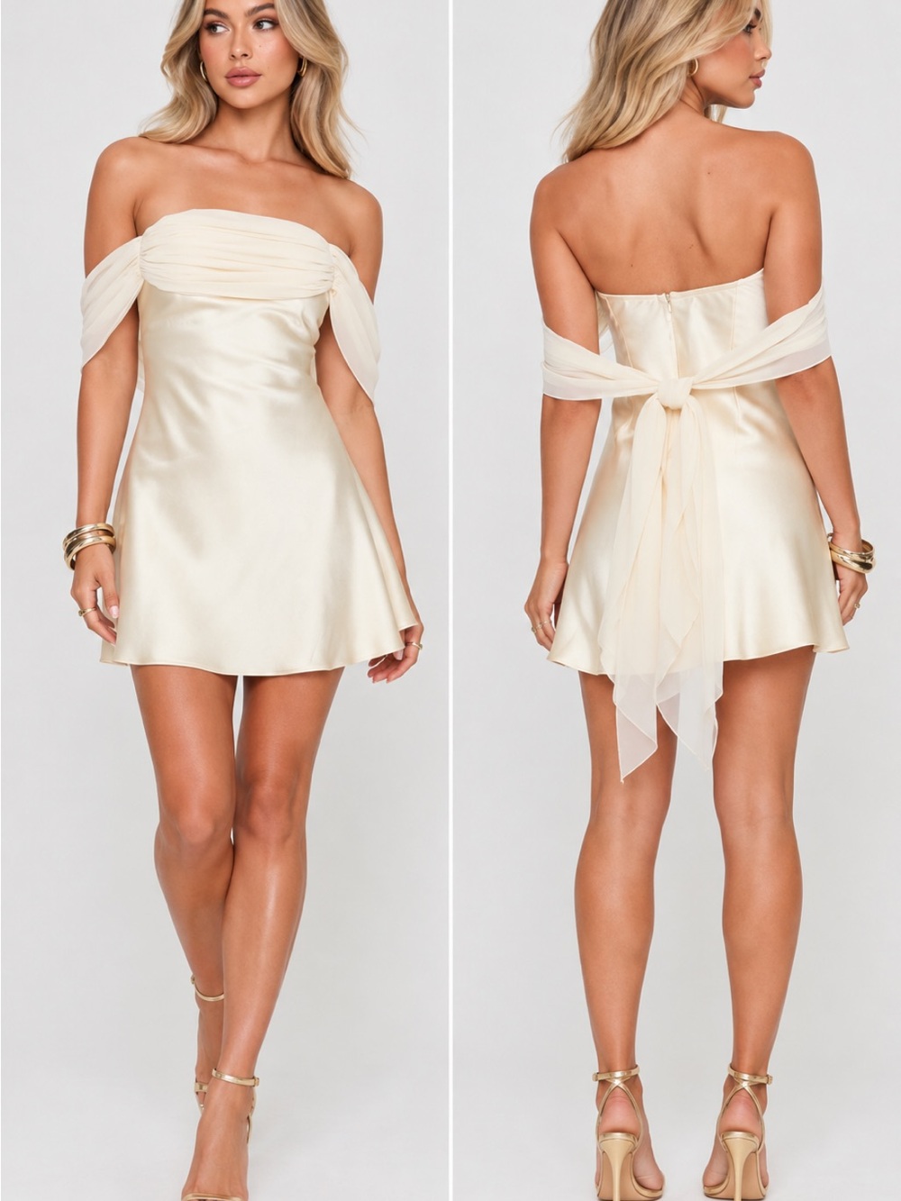 Princess Polly Cream Satin Off-Shoulder Mini Dress with Sheer Bow